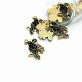 Black Enamel Raven with Rose Charms, 26x17mm