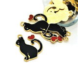 Black Enamel Cat with Heart Charms, 25x20mm