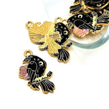Black Enamel Raven and Pink Flower Charms, 26x16mm