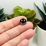 Black Enamel Smiley Face Charms, 14x12mm