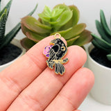 Black Enamel Raven and Pink Flower Charms, 26x16mm