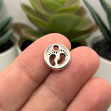 Silver Baby Feet Circle Charms, 11x11mm