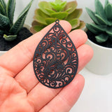 Large Black Filigree Teardrop Pendants, 55x34mm
