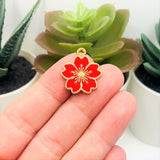 Red and Gold Cherry Blossom Flower Charms, 20.5x17.5mm