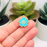 Aqua Blue and Gold Cherry Blossom Flower Charms, 20.5x17.5mm