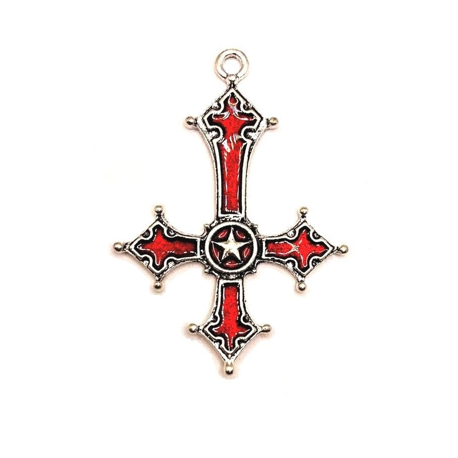 Antique Silver and Red Enamel Inverted Cross Pendants, 54x38mm