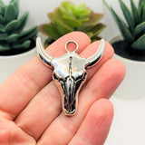 Silver Steer Cattle Skull Pendant Charms, 32x28mm