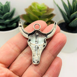 Silver Steer Cattle Skull Pendant Charms, 32x28mm