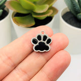 Black Enamel and Silver Dog / Cat Paw Print Charms, 17x16mm