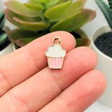 Pink and White Enamel Cupcake Baker Charms, 16x11mm