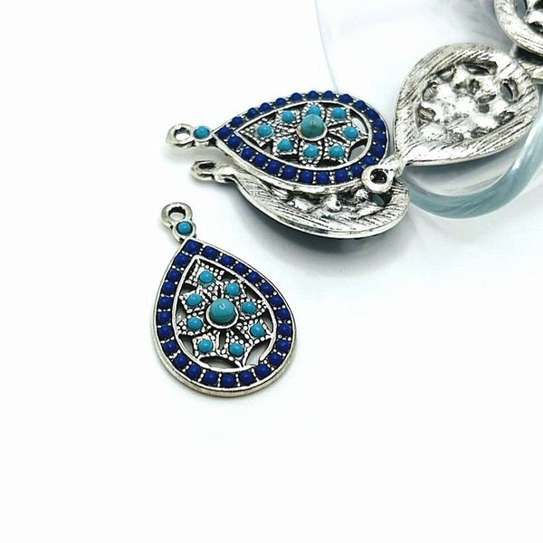 4, 20 or 50 Pieces: Antique Silver and Blue Boho Teardrop Charms