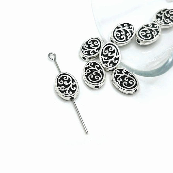 4, 20 or 50 Pieces: Silver Oval Filigree Spacer Charm Beads - Double Sided