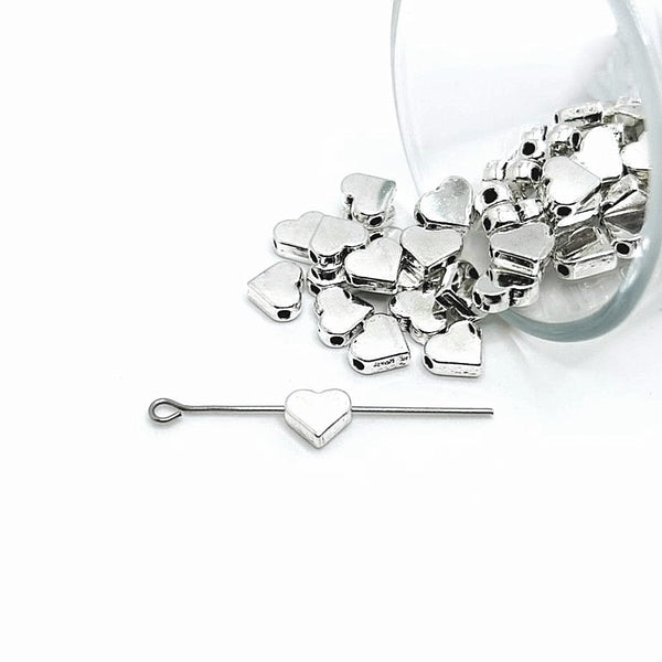 4, 20 or 50 Pieces: Flat Silver Heart Spacer Charm Beads - Double Sided