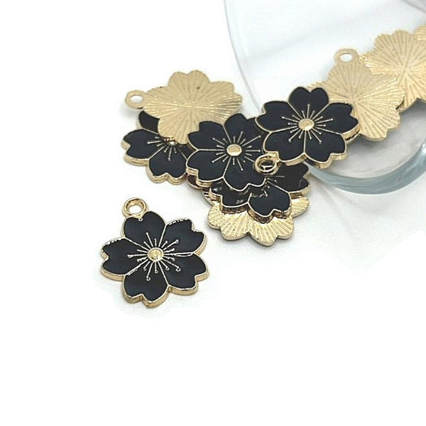4, 20 or 50 Pieces: Black and Gold Cherry Blossom Flower Charms