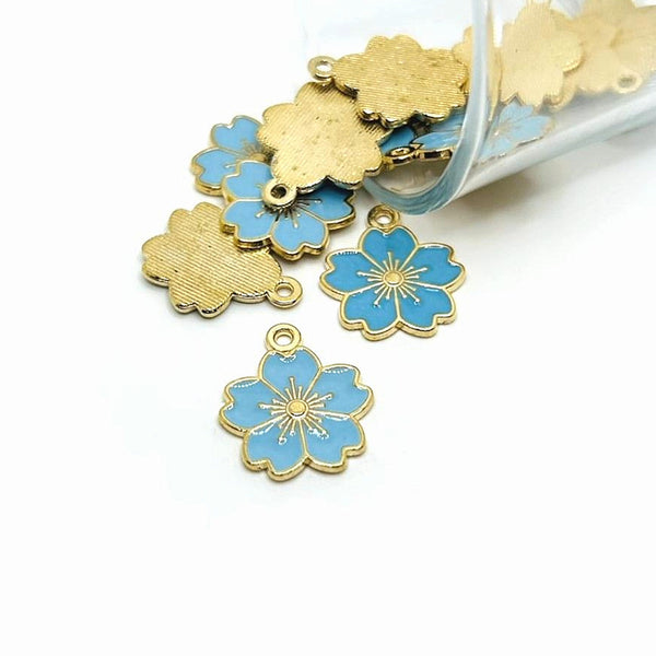 4, 20 or 50 Pieces: Light Blue and Gold Cherry Blossom Flower Charms