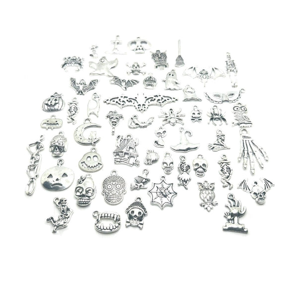 50 Piece Antique Silver Halloween Mix Charms