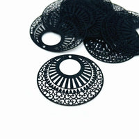 4 or 20 Pieces: Black Pressed Metal Round Filigree Pendants - Double Sided