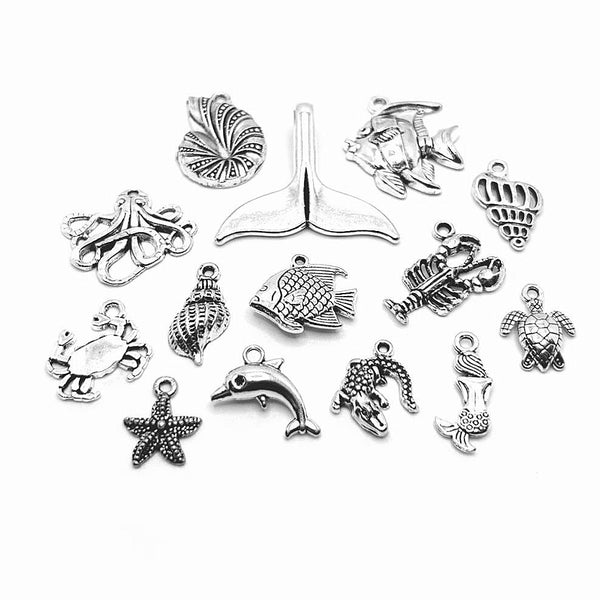 60 Piece Antique Silver Ocean Marine Mix Charms