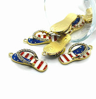 1, 4, 20 or 50 Pieces: Red White and Blue Enamel Gold Plated Flip Flop Sandal 3D Charms with Rhinestones