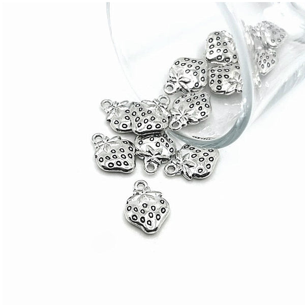 1, 4, 20 or 50 Pieces: Silver Strawberry Charms - Double Sided