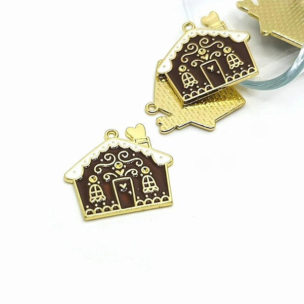 1, 4, or 20 Pieces: Enamel Christmas Gingerbread House Charms