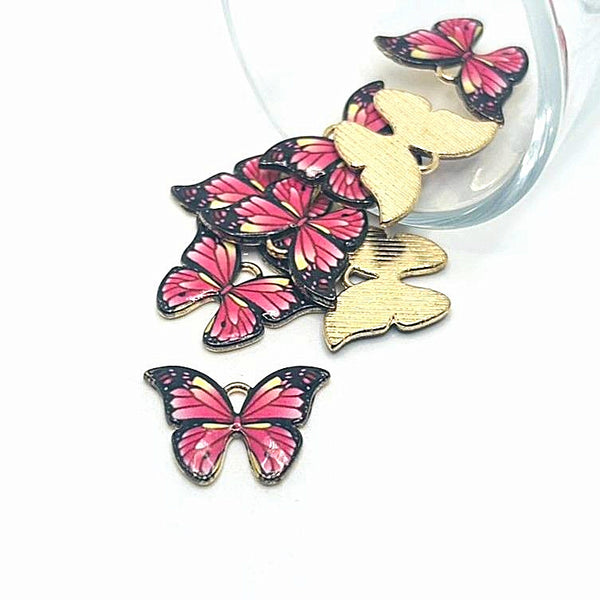 1, 4, 20 or 50 Pieces: Pink Enamel and Gold Butterfly Charms