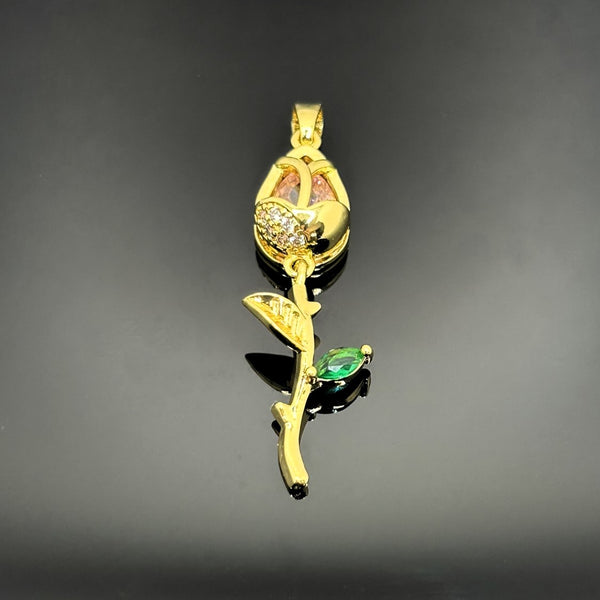 18k Gold and Pink Cubic Zirconia Tulip Charm, 38x12 mm