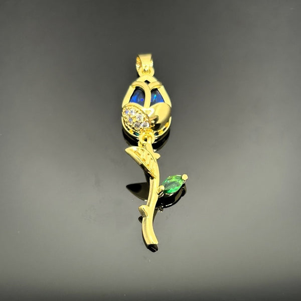 18k Gold and Blue Cubic Zirconia Tulip Charm, 38x12 mm