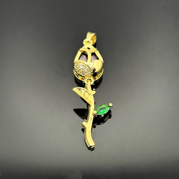18k Gold and Purple Cubic Zirconia Tulip Charm, 38x12 mm