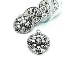 4, 20 or 50 Pieces: Silver Round Skull Pendant Charms