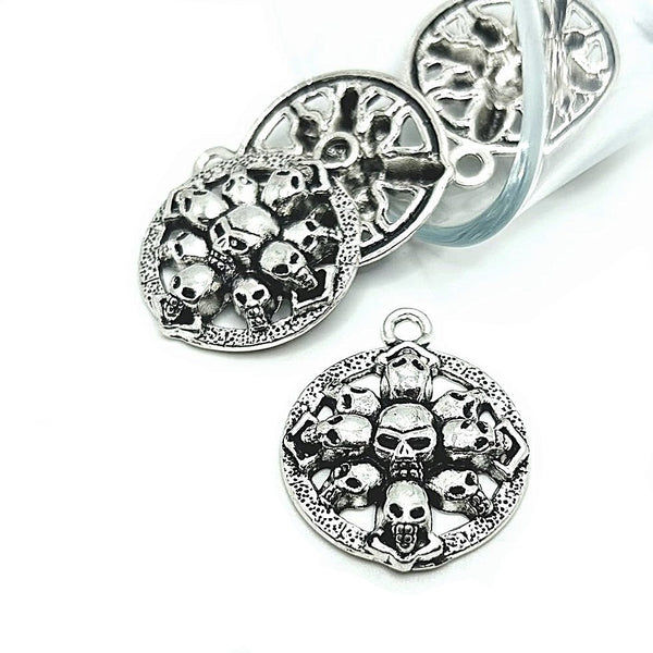 4, 20 or 50 Pieces: Silver Round Skull Pendant Charms