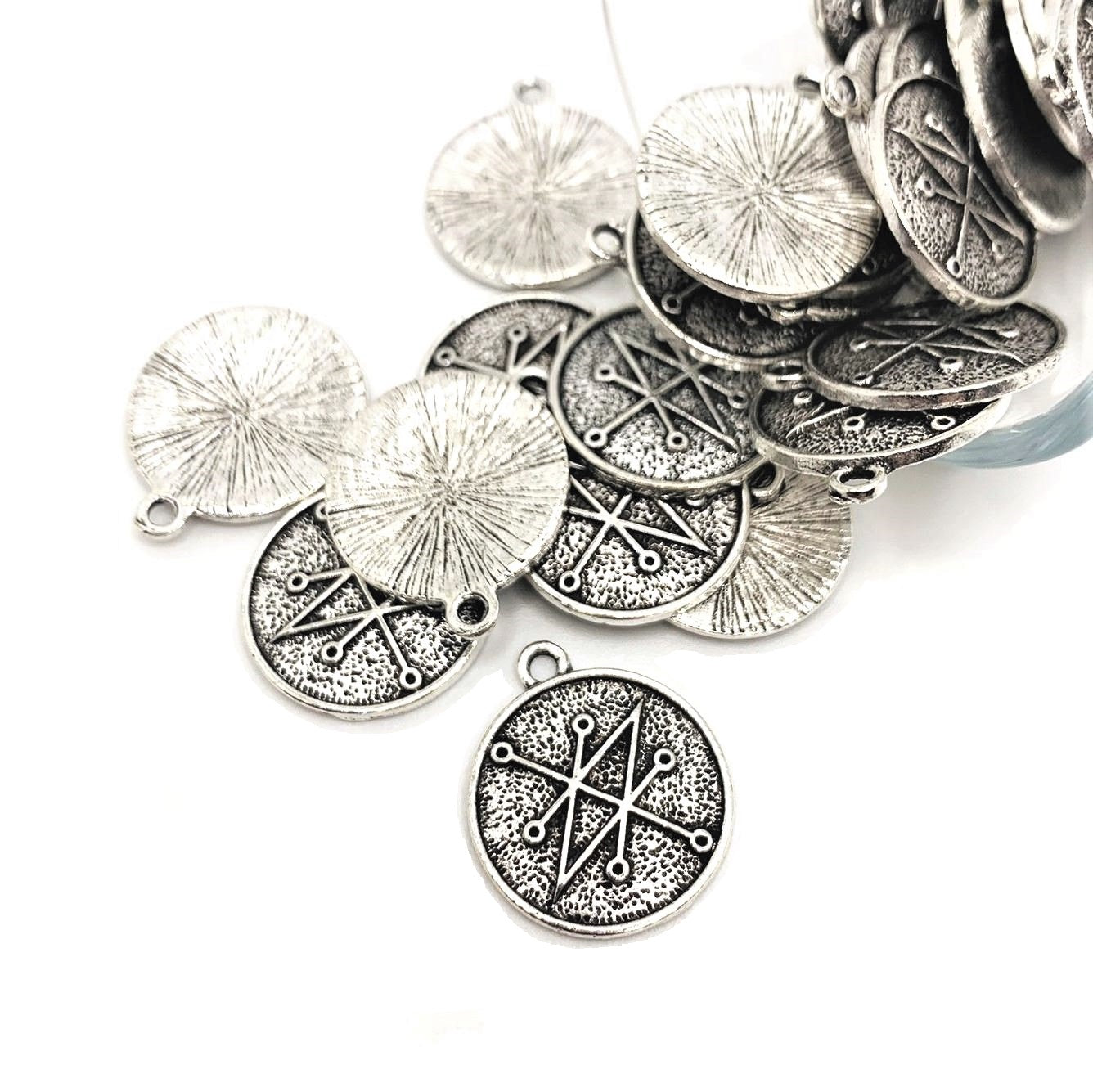 Antiqued Silver Azazel Demon Sigil Pendant Charm, 18x20mm