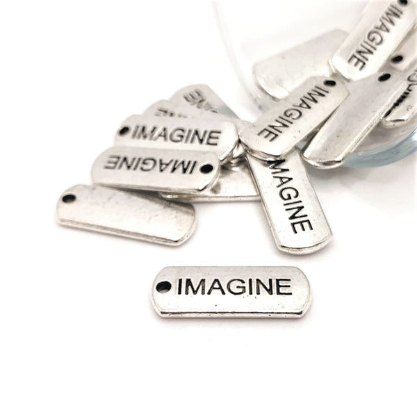 4, 20 or 50 Pieces: Silver Imagine Word Bar Tag Charms