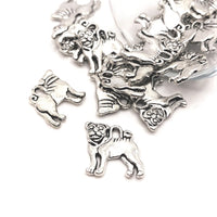 4, 20 or 50 Pieces: Silver Pug Dog Charms - Double Sided