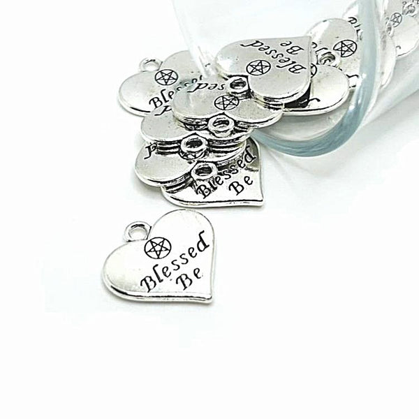 4, 20 or 50 Pieces: Silver Blessed Be Heart Charms - Double Sided