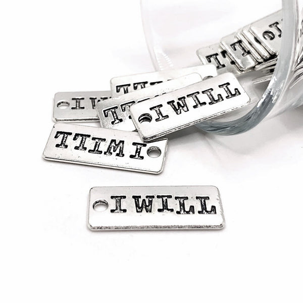 4, 20 or 50 Pieces: Silver I Will Affirmation Tag Charms - Double Sided