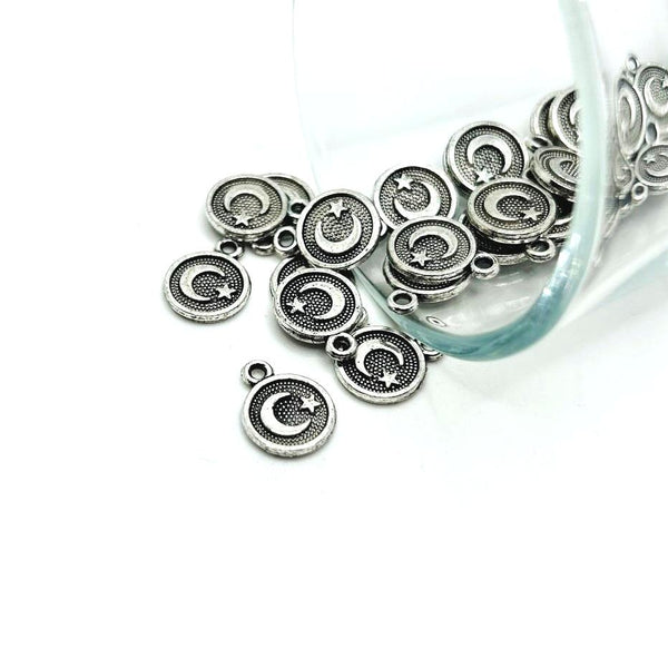 4, 20 or 50 Pieces: Silver Moon and Star Turkish Flag Charms - Double Sided