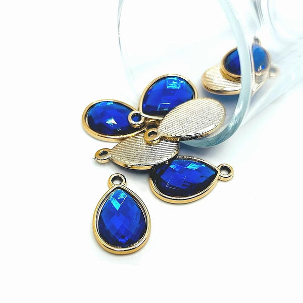 4, 20 or 50 Pieces: Bright Blue and Gold Acrylic Teardrop Charms