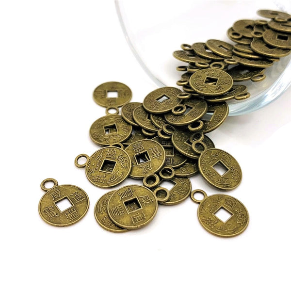4, 20 or 50 Pieces: Small Bronze Chinese Lucky Coin Charms - Double Sided