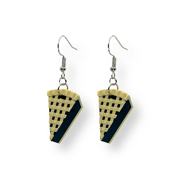 Pair of dangle earrings showcasing miniature blueberry pie slice charms with a lattice crust, 25 × 19 mm in size, displayed on a white background.