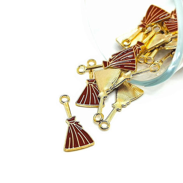 4, 20 or 50 Pieces: Brown Enamel Witch Broom Halloween Charms