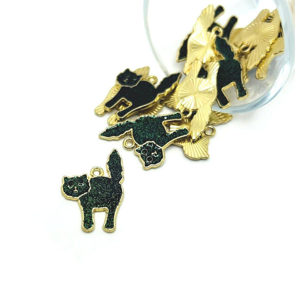 Black cat-shaped charm with glittery finish, approximately 27×19 mm, shown on a white background.