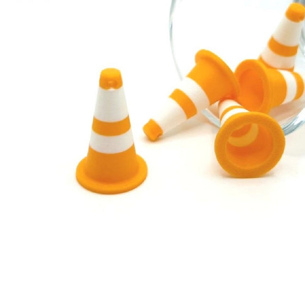 Orange traffic cone charm in 3D plastic form, approx. 25×16 mm, with white stripes and a loop hole for stringing.