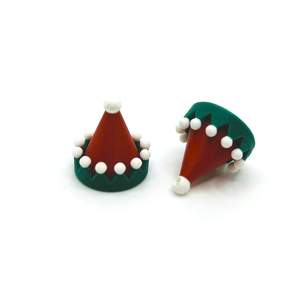 Christmas elf hat charm, approx. 17×17 mm, showing red and green detailing with hanging loop, displayed on a white background.