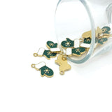 Gold and green mitten charms on a against a white background