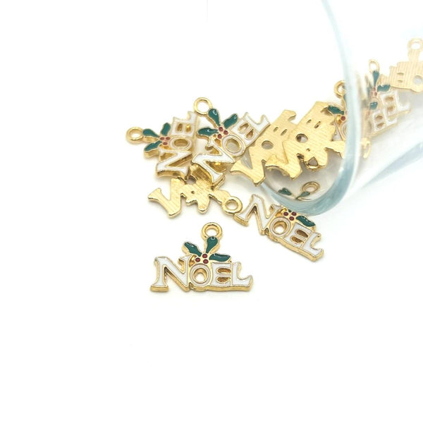 Gold 'NOEL' charms with green accents on a white background