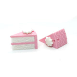 Two pink cake-shaped charms on a white background