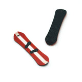 Red and white snowboard charm on a white background