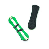 Green and white snowboard charms on a white background