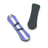 Purple snowboard with black bindings and a black textured grip tape on a white background